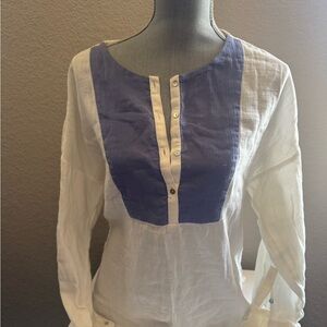 Zara White and Cream Long Sleeve Bib Collar Blouse